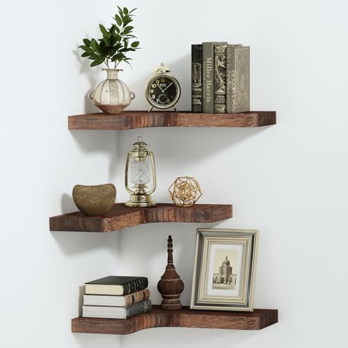 SAUMONIERES Corner Floating Shelves Set of 3 Rustic Brown Invisible Brackets