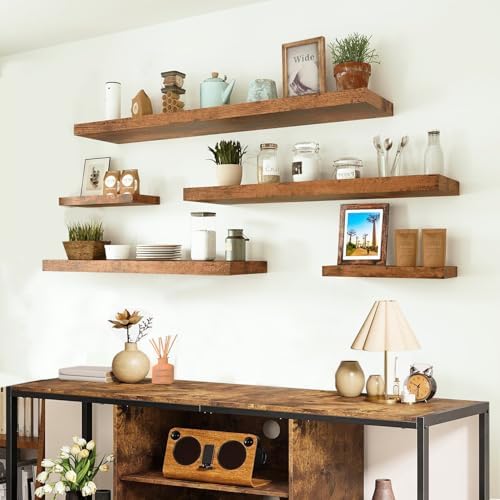 Set of 2 Rustic Wood Floating Shelves with Heavy Steel Brackets