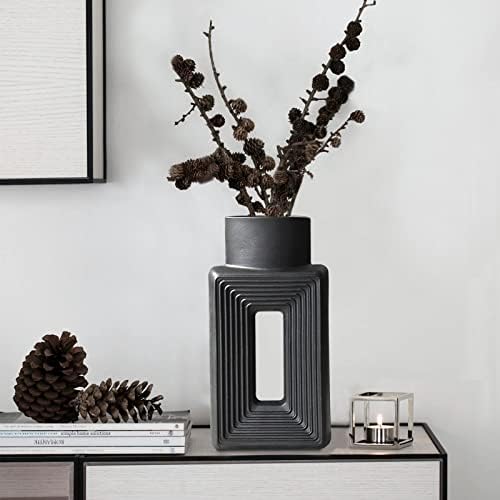 Black Ceramic Vase Set of 2 Modern Geometric Design