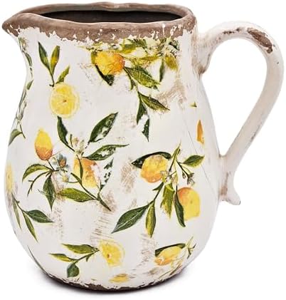 Round Ceramic Pitcher Vase with Lemon Design Farmhouse Accent Vintage Jug 8 x 65 Inches