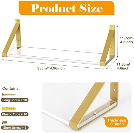 Clear Shelves Gold Floating Wall Mounted Set of 2 8mm Transparent Acrylic Invisible Display Decor