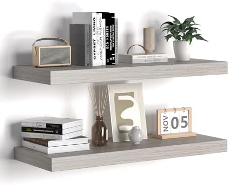 Floating Shelves - 24 Inch Rustic Grey Wooden Wall Shelves - 2 Pack