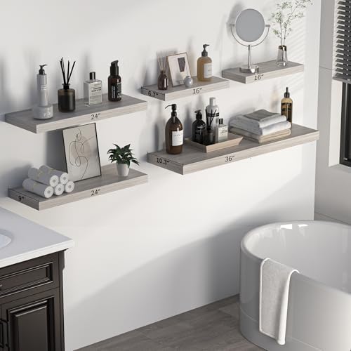 Floating Shelves - 24 Inch Rustic Grey Wooden Wall Shelves - 2 Pack