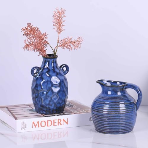 LCCCK Blue Ceramic Vase with Handle