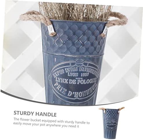 VINTORKY Iron Planter Flower Container Rustic Vintage Blue Vase for Home Decor