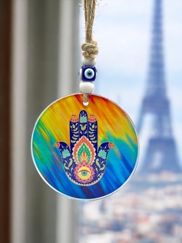 Lucky Vida Nazzar Evil Eye Hamsa 5 Inch Glass Wall Hanging