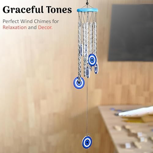 BEZAVO 27-Inch Evil Eye Wind Chime with 5 Silver Pipes