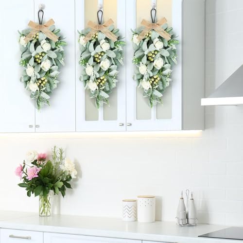 4 Pcs 24 Inch Artificial White Rose Teardrop Wreaths
