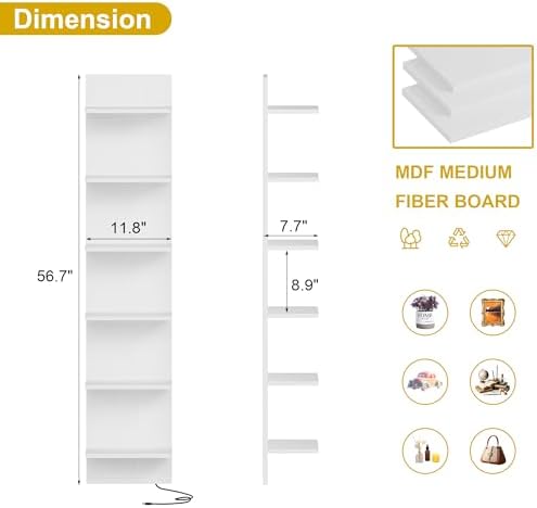 6 Tier Wall Shelf with LED Light White