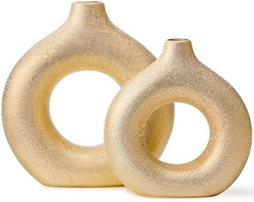 Set of 2 Donut Shape Gold Ceramic Vases