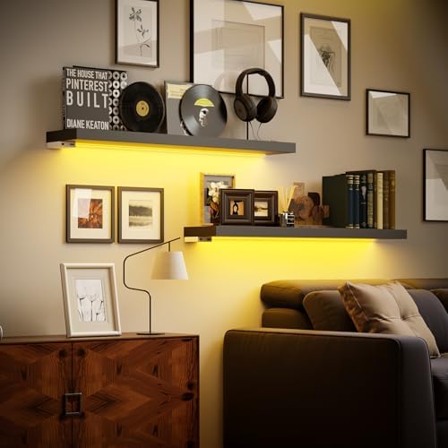 BAMEOS Black Floating Shelves with LED 31 Set of 2