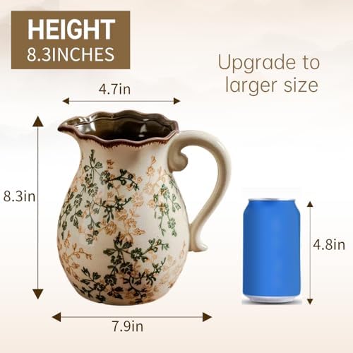 Vintage Vase with Handle - Green and Beige Rustic Ceramic Farmhouse Vase