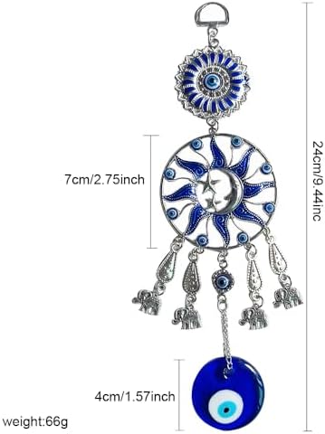 Turkish Evil Eye Wall Hanging with Blue Silver Sun Moon Stars and Elephant Charms