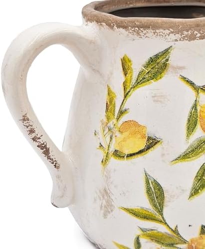 Round Ceramic Pitcher Vase with Lemon Motif Farmhouse Accent