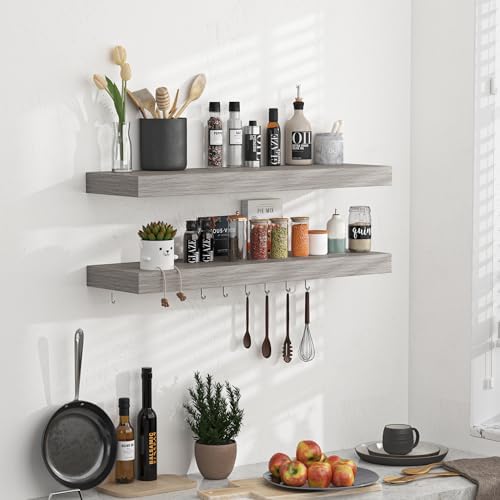 Floating Shelves - 24 Inch Rustic Grey Wooden Wall Shelves - 2 Pack