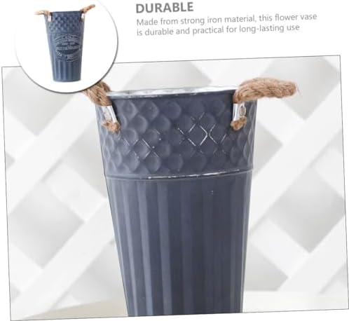 VINTORKY Iron Planter Flower Container Rustic Vintage Blue Vase for Home Decor