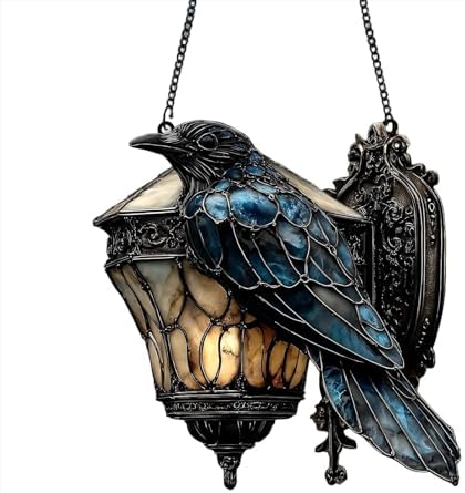 Raven Gothic Lantern 2D Acrylic Suncatcher Black Crow Decor for Halloween and Dark Academia