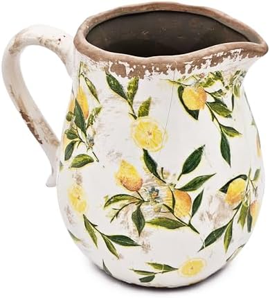 Round Ceramic Pitcher Vase with Lemon Design Farmhouse Accent Vintage Jug 8 x 65 Inches