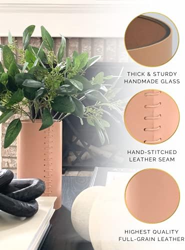 Wrapped Genuine Leather Vase - Boho Style 8 Inch