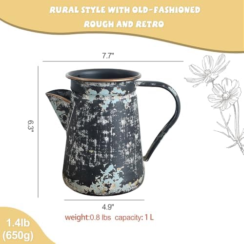 Vintage Metal Milk Jug Vase Shabby Chic Decor Black