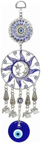 Turkish Evil Eye Wall Hanging with Blue Silver Sun Moon Stars and Elephant Charms