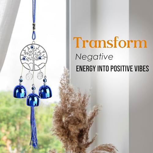 BEZAVO Blue Evil Eye Wall Hanging Decor with 5 Bells