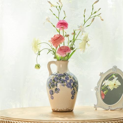 Vintage Flower Vase with Handle Blue and White Ceramic Pitcher