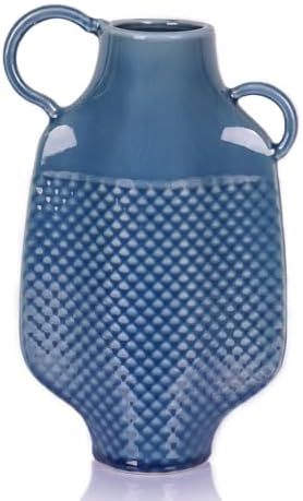 Blue Ceramic Vase with 2 Handles for Home Decor