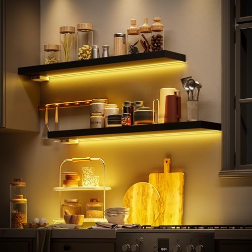 BAMEOS Black Floating Shelves with LED 31 Set of 2