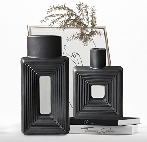 Black Ceramic Vase Set of 2 Modern Geometric Design