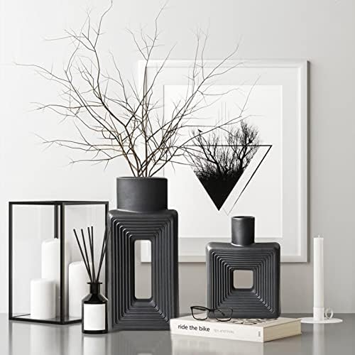 Black Ceramic Vase Set of 2 Modern Geometric Design