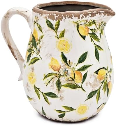 Round Ceramic Pitcher Vase with Lemon Design Farmhouse Accent Vintage Jug 8 x 65 Inches