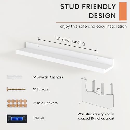 FLYJOE Picture Ledge Shelf Set of 2 24 Inches White Floating Wall Shelves for Nursery and Living Room Decor