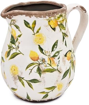 Round Ceramic Pitcher Vase with Lemon Design Farmhouse Accent Vintage Jug 8 x 65 Inches