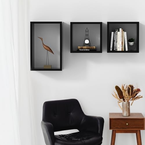 Kaboon Wall Mount Shelf Set of 3 Floating Cube Shelves Large Size Black