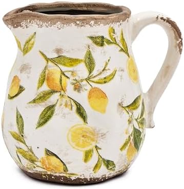 Round Ceramic Pitcher Vase with Lemon Motif Farmhouse Accent
