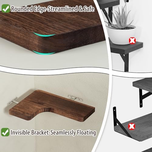 SAUMONIERES Corner Floating Shelves Set of 3 Rustic Brown Invisible Brackets