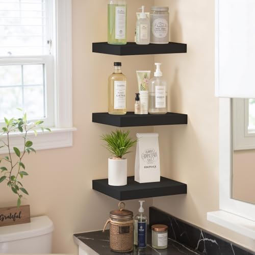 FurnitureR Floating Shelves Set of 3 Black Wall Mounted