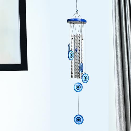 BEZAVO 27-Inch Evil Eye Wind Chime with 4 Silver Pipes