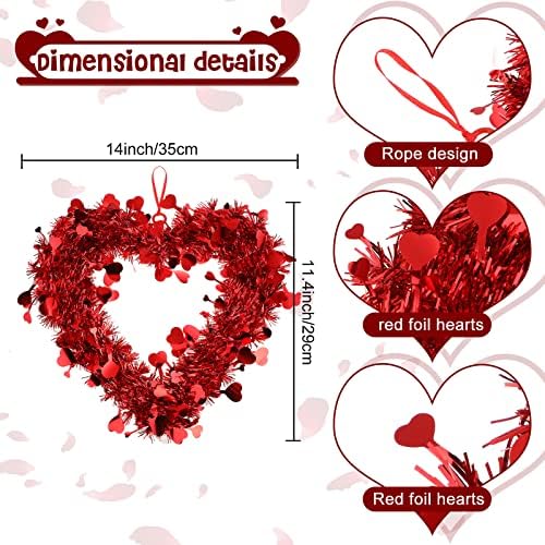 Chuangdi 3 Piece Valentine Heart Wreaths Red Tinsel Decor