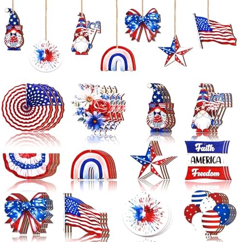 4th of July Patriotic Tree Ornaments 36Pcs Red White Blue Wooden Decorations