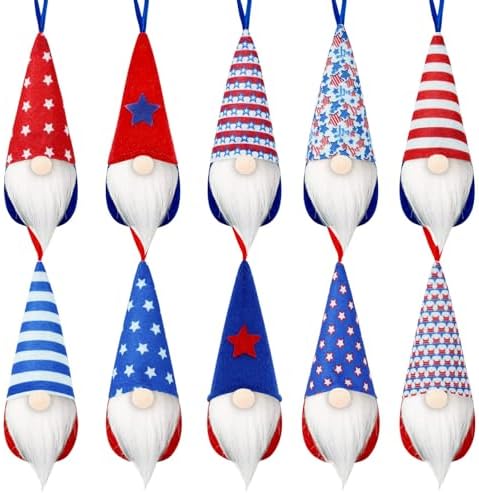 Patriotic Gnome Ornaments 10 Pack Red White Blue Decor