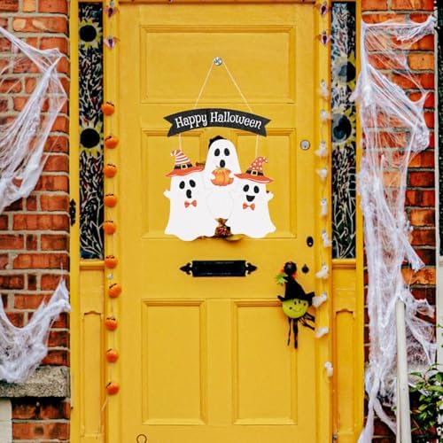 Ghost Halloween Door Sign Cute Happy Halloween Front Door Hanger Wooden Boo Decoration for Wall Porch Wreath