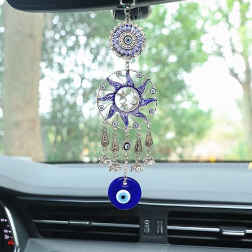 Turkish Evil Eye Wall Hanging with Blue Silver Sun Moon Stars and Elephant Charms