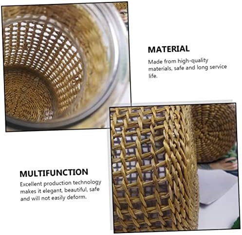 1Pc Decorative Straw Woven Glass Vase for Dried Flowers and Plants Light Brown Desktop Adornment Home Decor