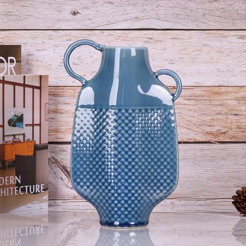 Blue Ceramic Vase with 2 Handles for Home Decor