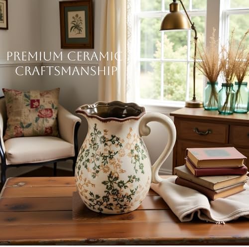 Vintage Vase with Handle - Green and Beige Rustic Ceramic Farmhouse Vase