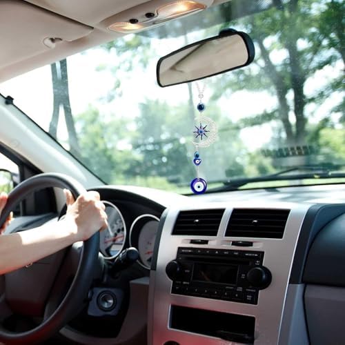 Blue Evil Eye Moon Crystal Hanging Ornament - Protection Amulet for Home Car Window Decor
