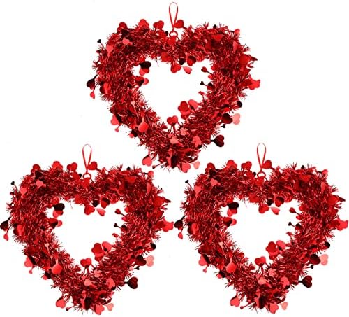 Chuangdi 3 Piece Valentine Heart Wreaths Red Tinsel Decor