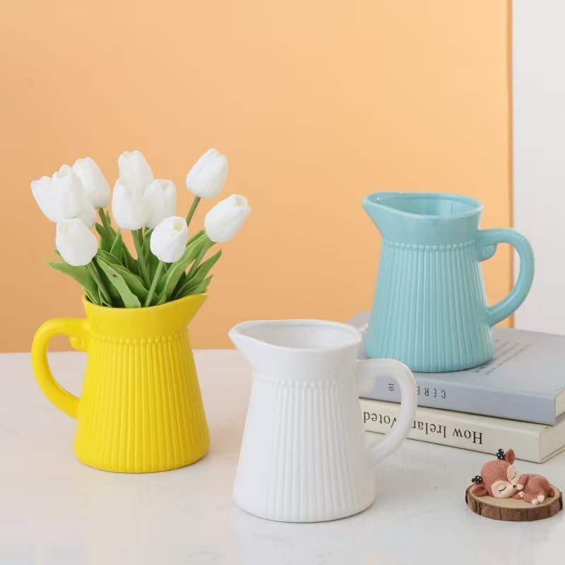 Nordic Retro Ceramic Pitcher Vase with Ribbed Design